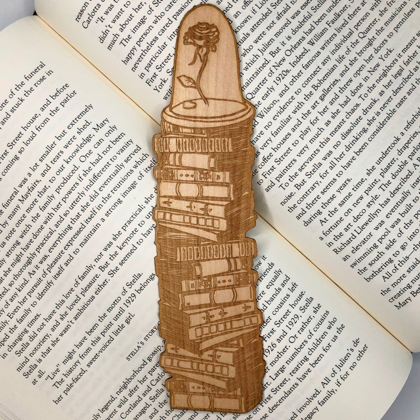 Enchanted Rose with Books Wooden Bookmark