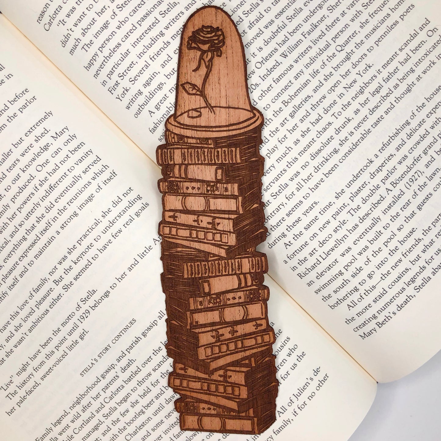Enchanted Rose with Books Wooden Bookmark
