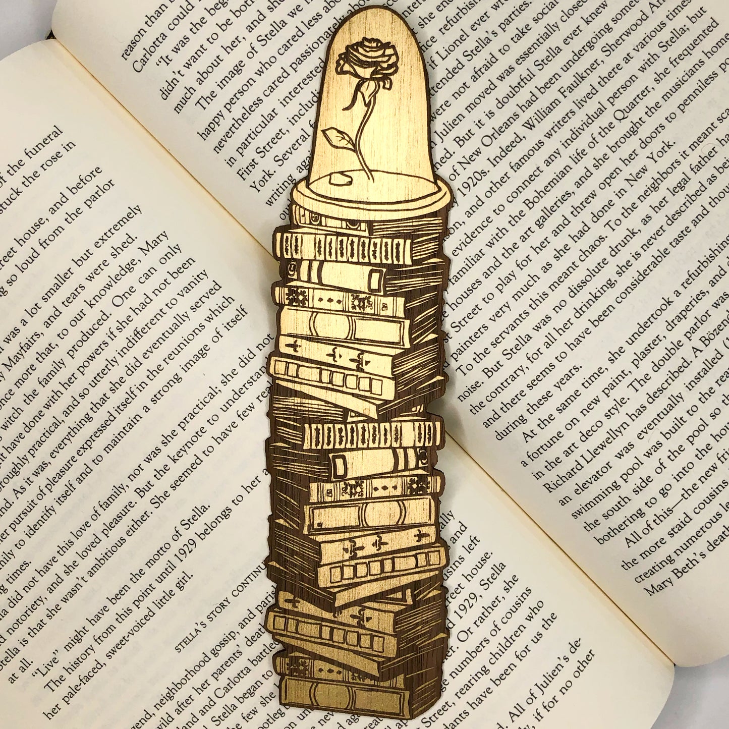Enchanted Rose with Books Wooden Bookmark