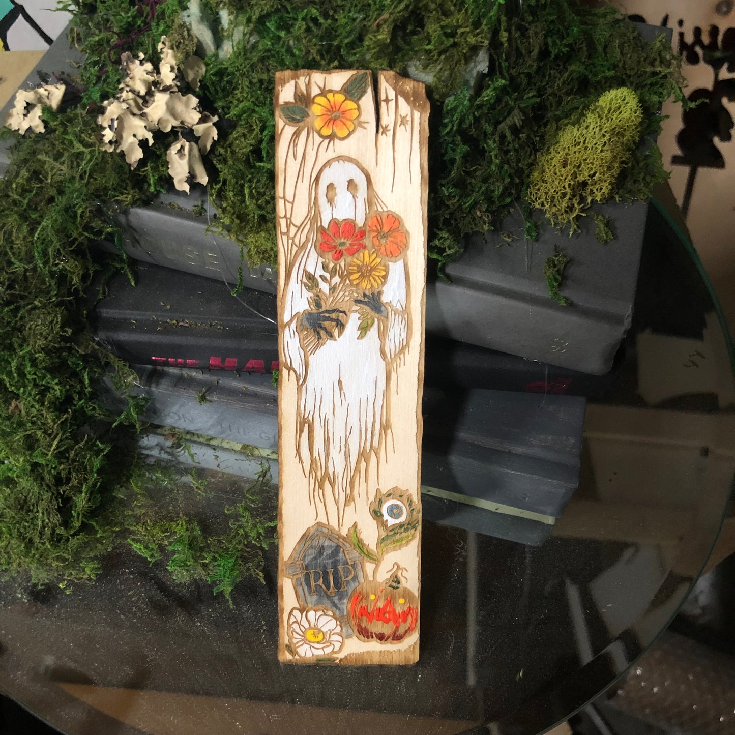 Ghost Bouquet and Pumpkin Wooden Bookmark