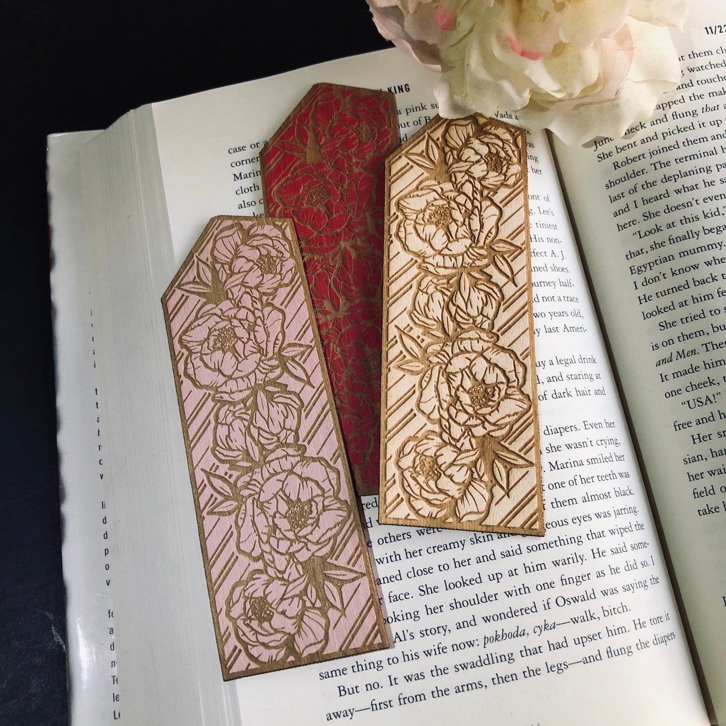 Peony Wooden Bookmark