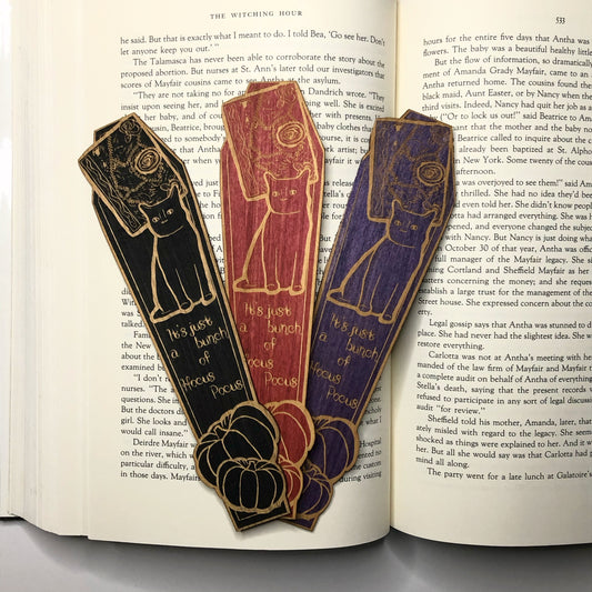 Spell Book and Black Cat Wooden Bookmark
