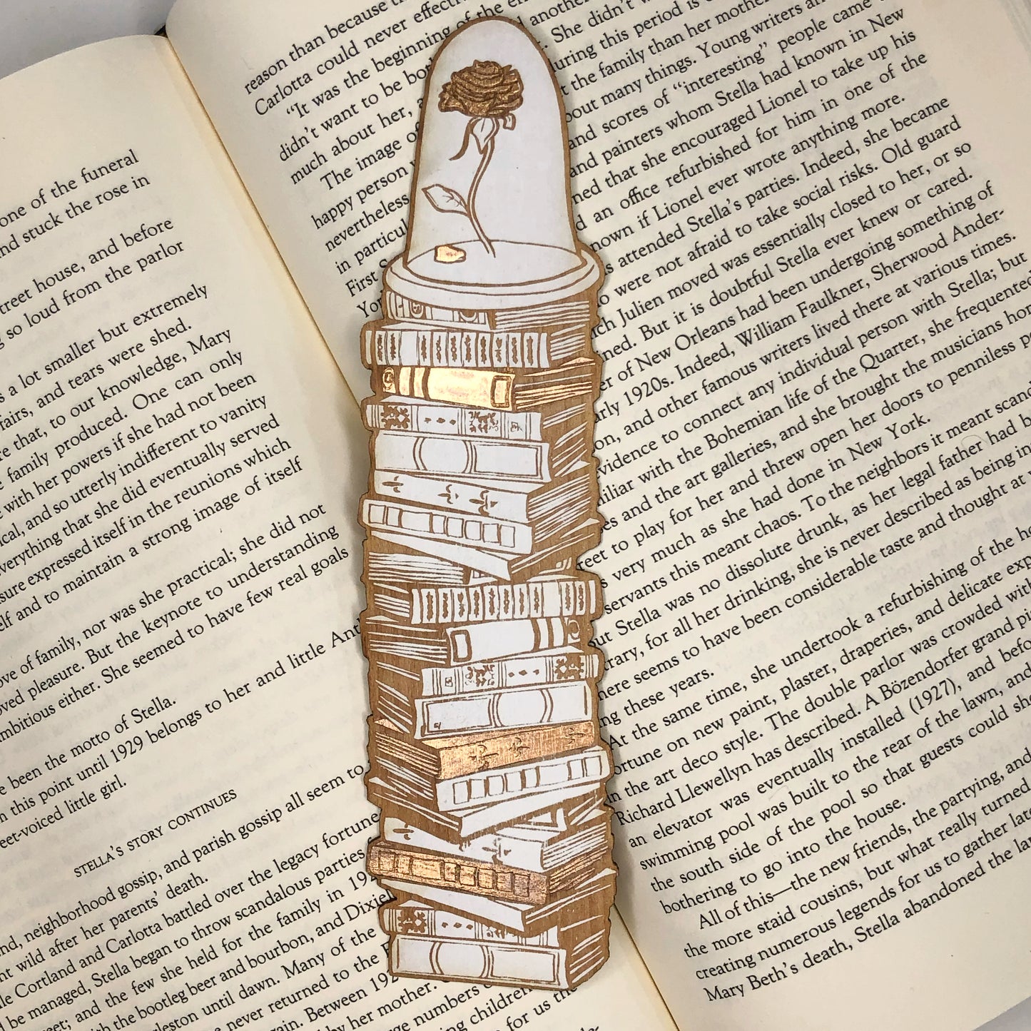 Enchanted Rose with Books Wooden Bookmark