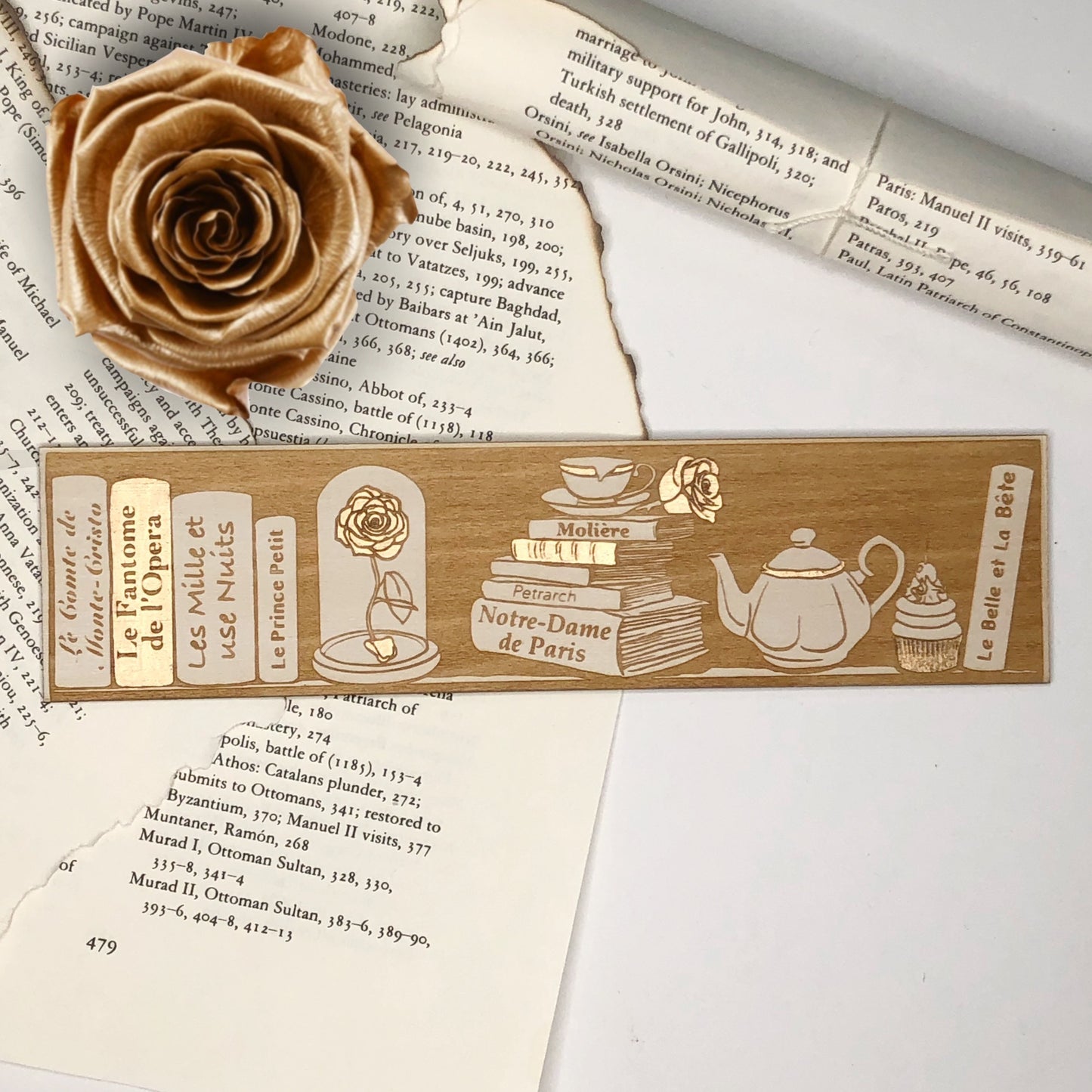White and Gold Belle's Library Wooden Bookmark