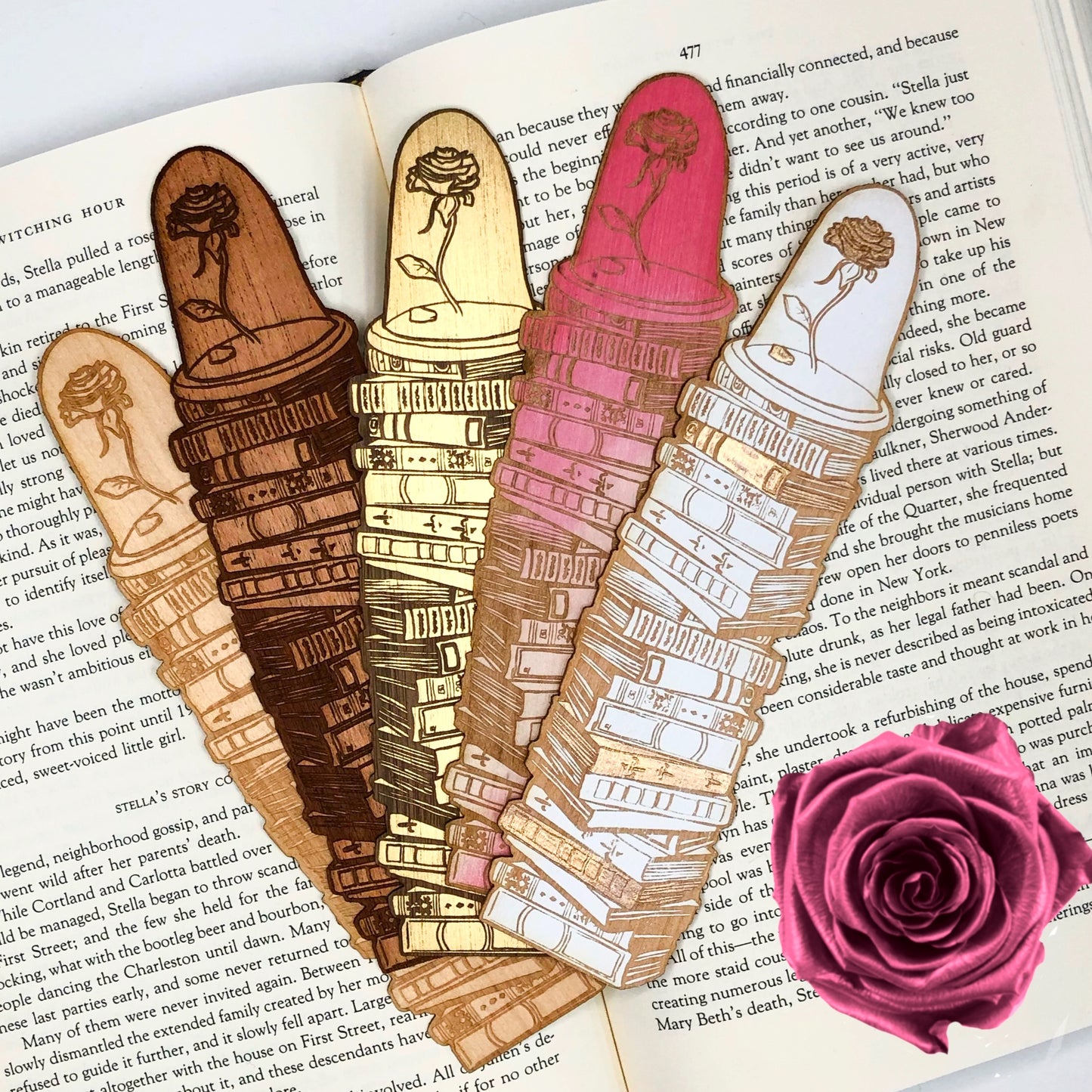 Enchanted Rose with Books Wooden Bookmark