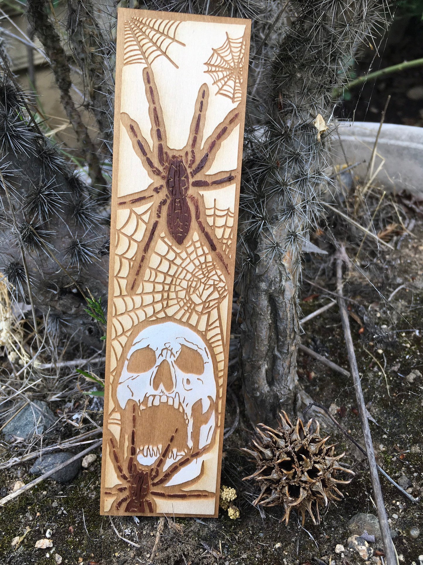 Spider and Skull Wooden Bookmark
