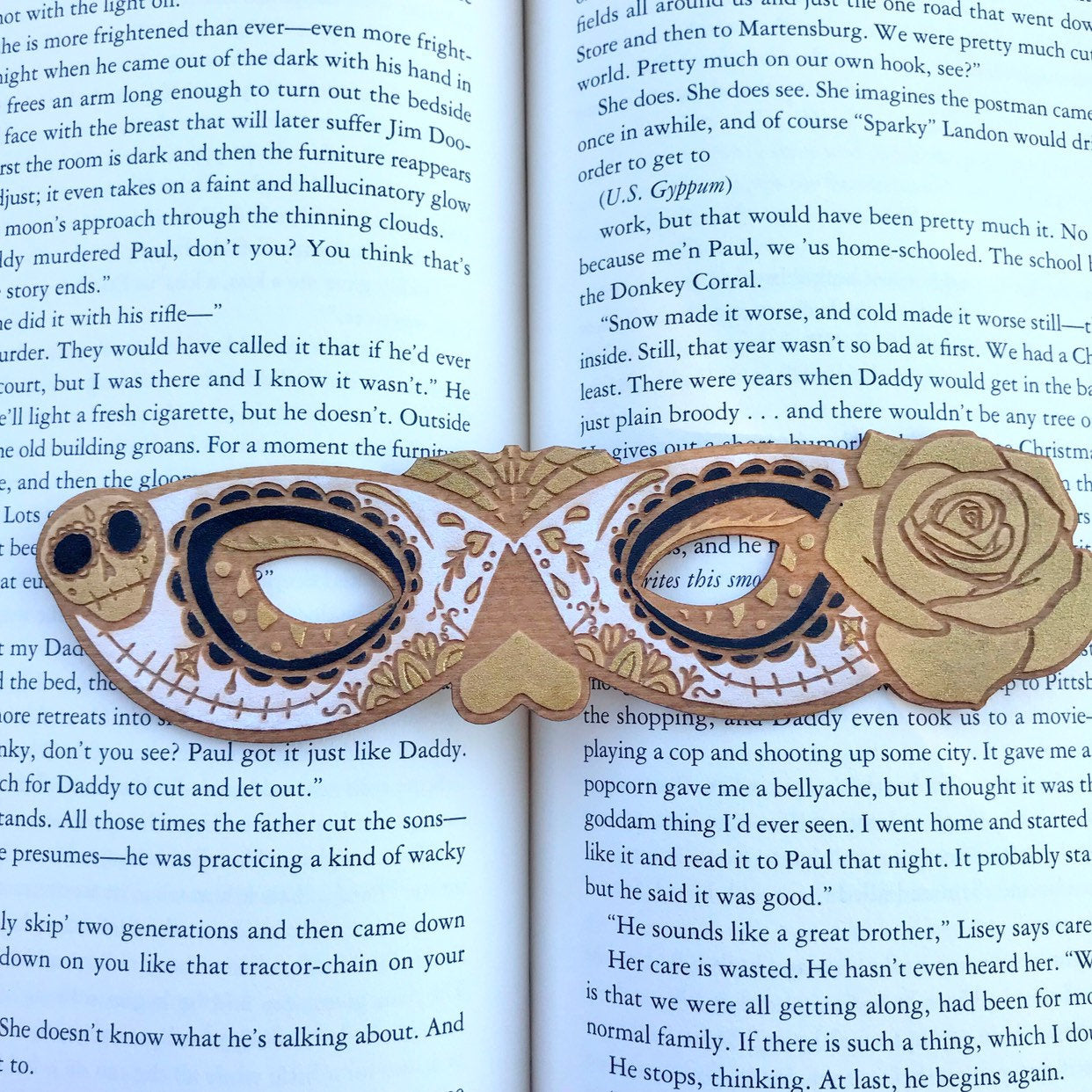 Gold and Black Sugar Skull Wooden Bookmark